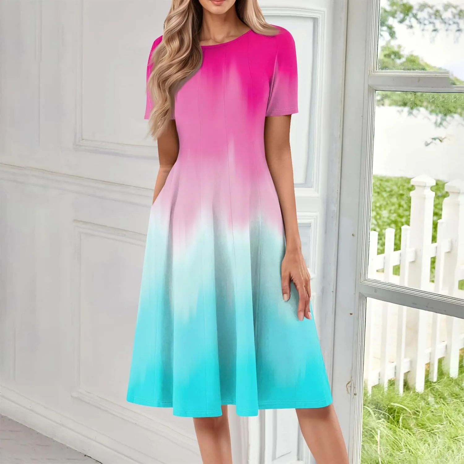 Summer Dresses for Women 2025 Casual Short Sleeve Round Neck Midi Dresses Elegant Pleated A Line Flowy Sundresses