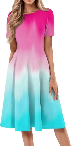 Summer Dresses for Women 2025 Casual Short Sleeve Round Neck Midi Dresses Elegant Pleated A Line Flowy Sundresses