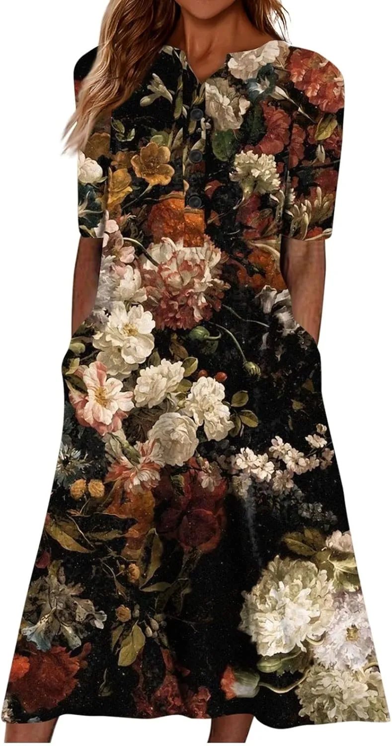 Summer Dresses for Women 2025 Floral Print Boho Beach V-Neck Buttons Short Sleeve Loose Midi Dress with Pockets