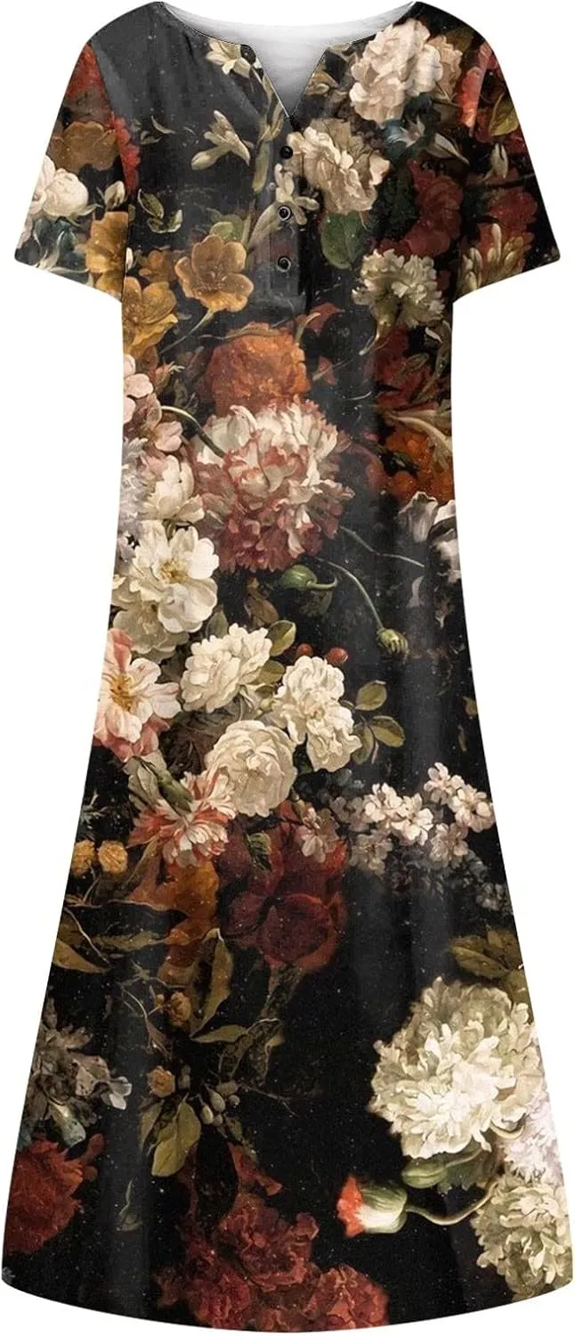 Summer Dresses for Women 2025 Floral Print Boho Beach V-Neck Buttons Short Sleeve Loose Midi Dress with Pockets