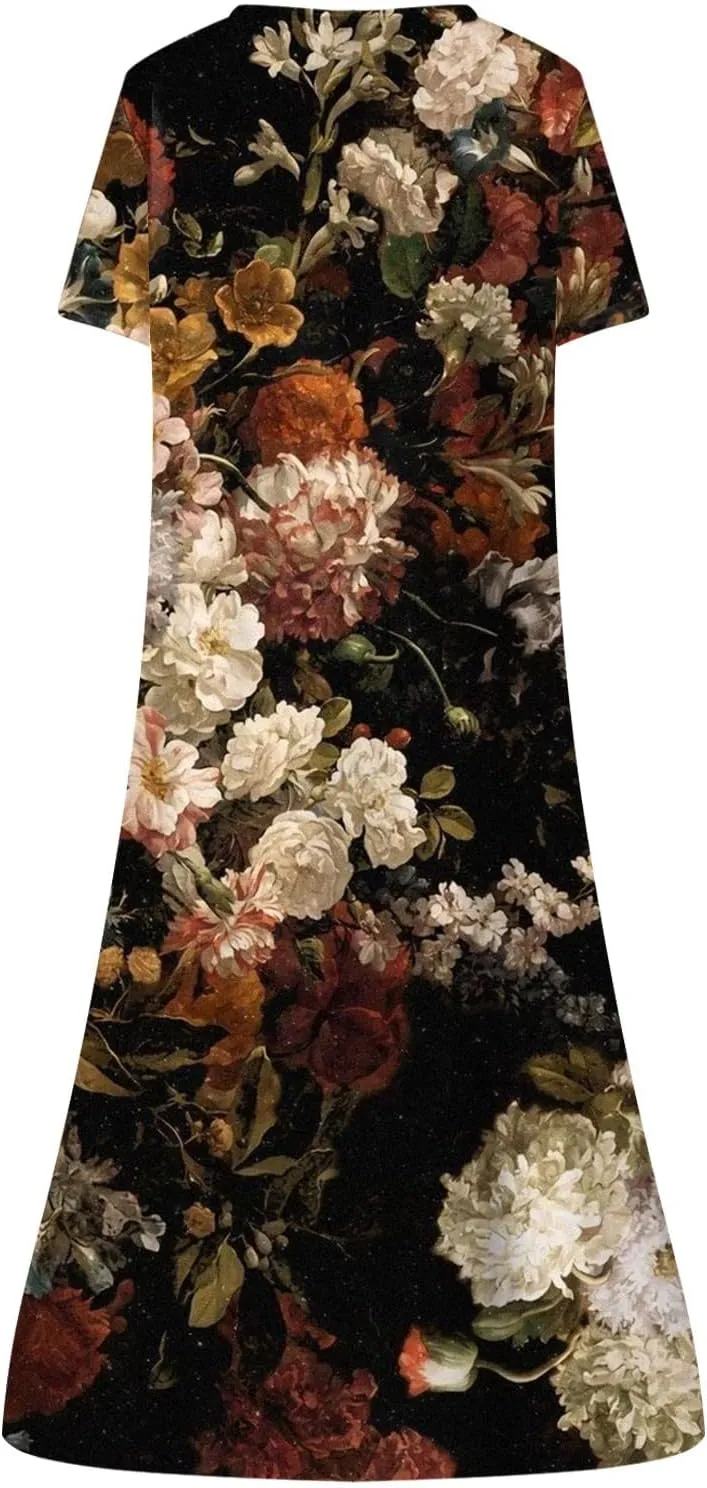 Summer Dresses for Women 2025 Floral Print Boho Beach V-Neck Buttons Short Sleeve Loose Midi Dress with Pockets