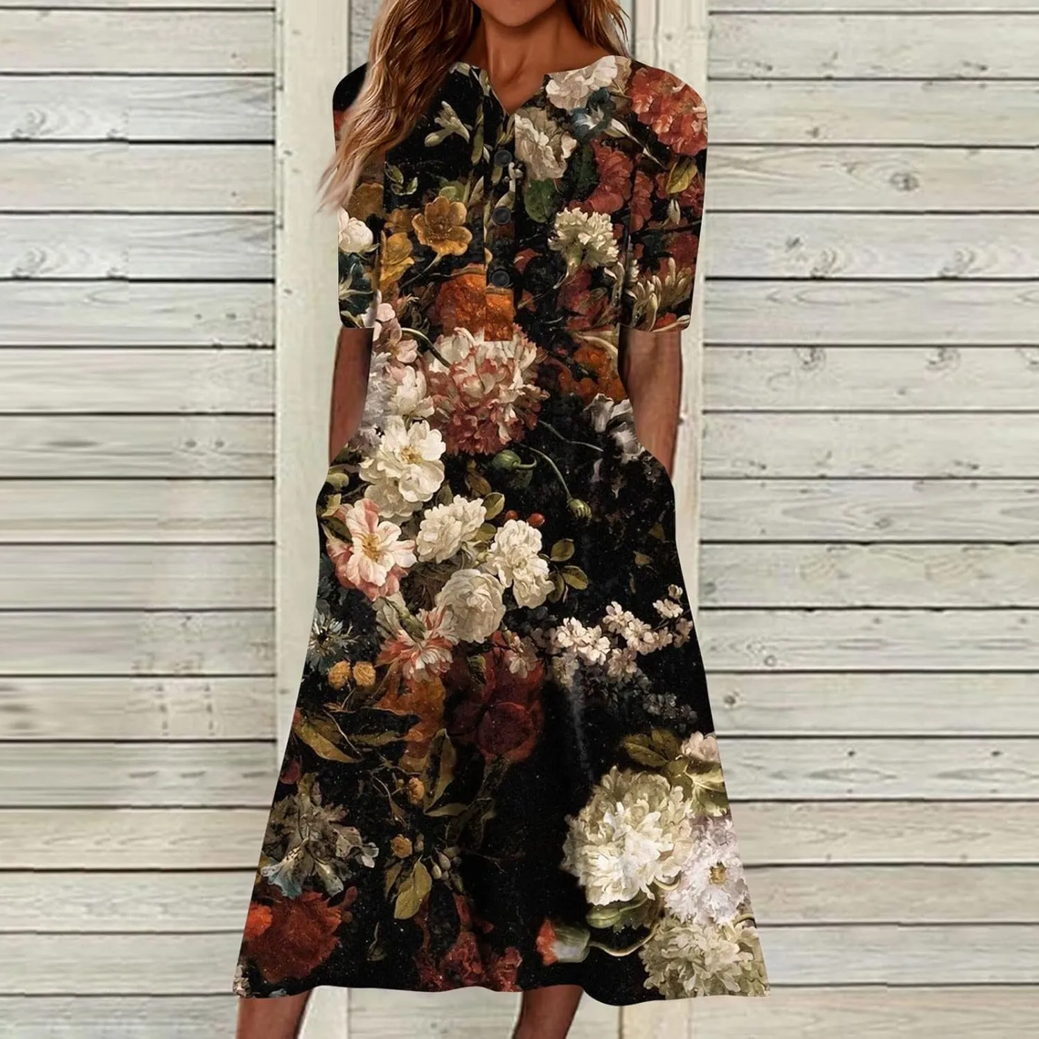 Summer Dresses for Women 2025 Floral Print Boho Beach V-Neck Buttons Short Sleeve Loose Midi Dress with Pockets