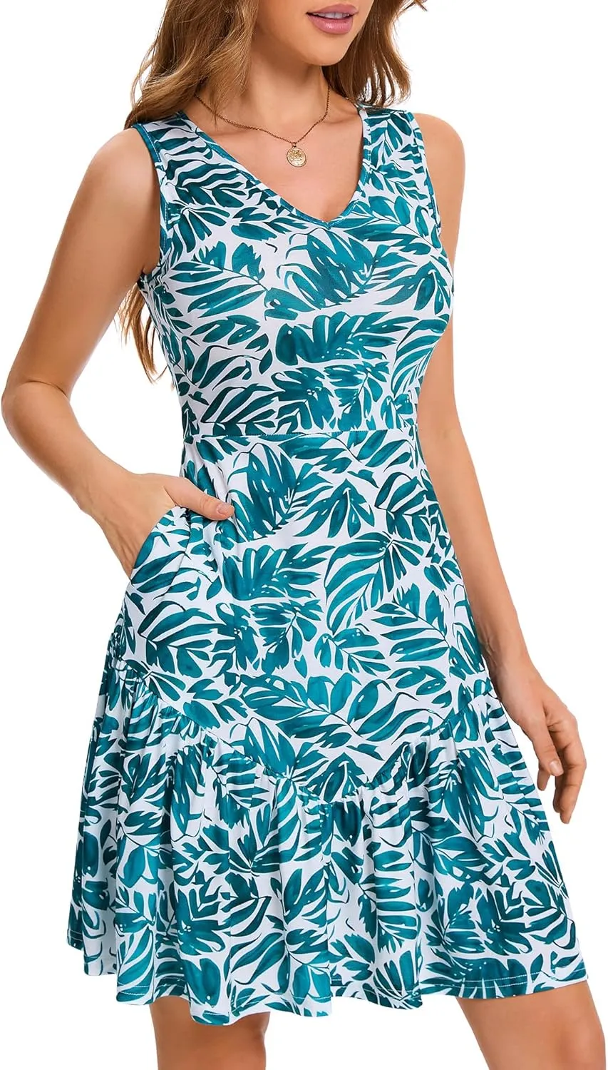 Summer Dresses for Women 2025- Sexy V Neck Sleeveless Floral Sundress with Pockets A Line Ruffled Hem Mini Dress