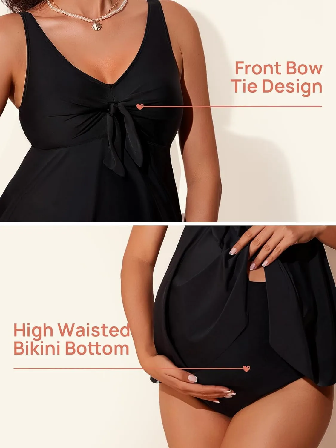 Summer Mae Maternity Tankini Flowy Ruffle Hem Two Piece Front Bowknot Bathing Suit V Neck Ruched Pregnancy Swimsuit