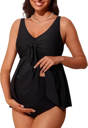 Summer Mae Maternity Tankini Flowy Ruffle Hem Two Piece Front Bowknot Bathing Suit V Neck Ruched Pregnancy Swimsuit