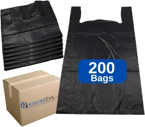 Super Jumbo Heavy Duty Unprinted T-Shirt Bags - 20"x10"x36" - 200 Bags - 22 Mic - Black