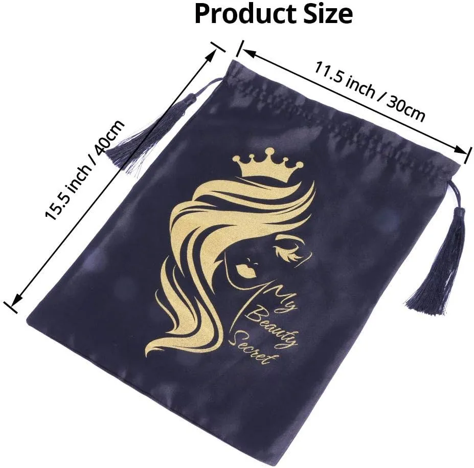 SUPERNOVA 3 Pcs Satin Bags for Packaging Hair Extensions, Bundles, Wigs Soft Silk Pouches With Drawstring for Hair Tools Storage Bags with Tassel Gift and Travel Bag Hair(3 pieces, Black)