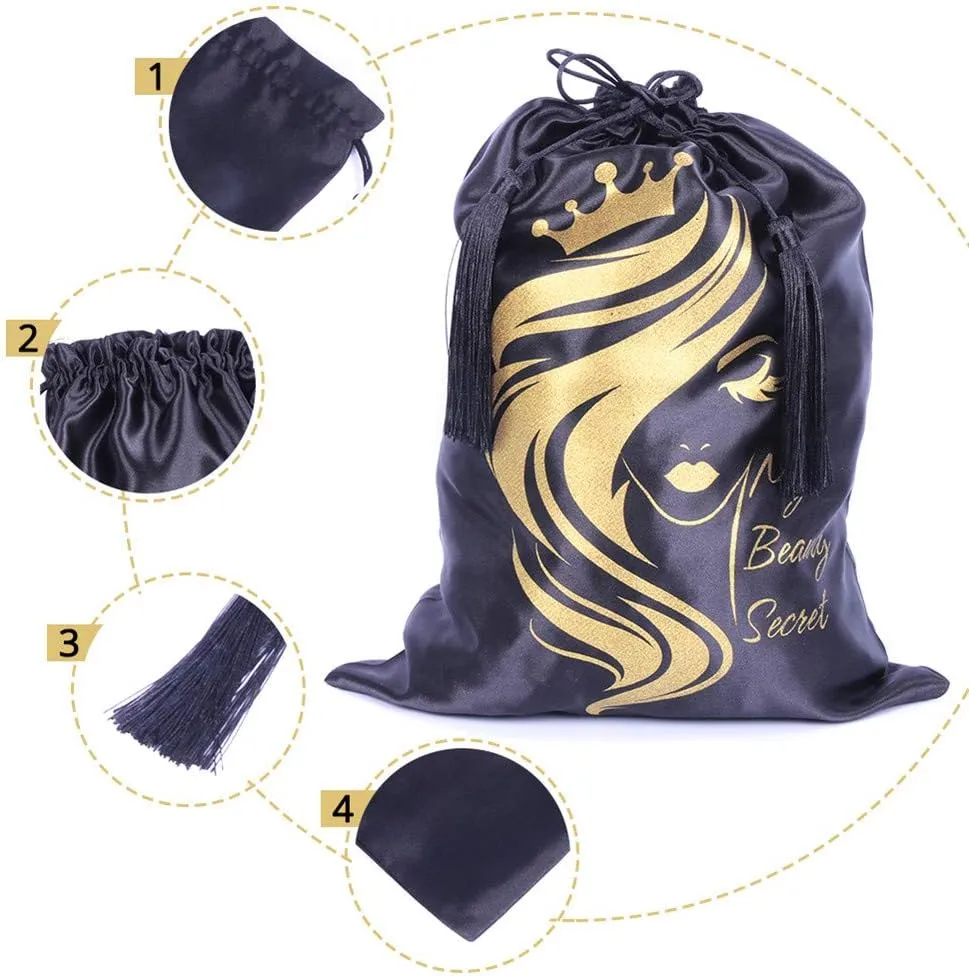 SUPERNOVA 3 Pcs Satin Bags for Packaging Hair Extensions, Bundles, Wigs Soft Silk Pouches With Drawstring for Hair Tools Storage Bags with Tassel Gift and Travel Bag Hair(3 pieces, Black)