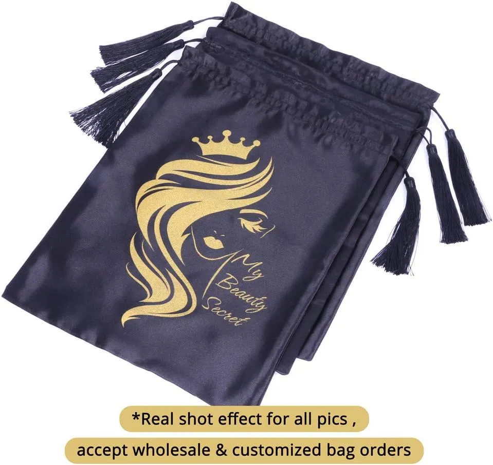 SUPERNOVA 3 Pcs Satin Bags for Packaging Hair Extensions, Bundles, Wigs Soft Silk Pouches With Drawstring for Hair Tools Storage Bags with Tassel Gift and Travel Bag Hair(3 pieces, Black)