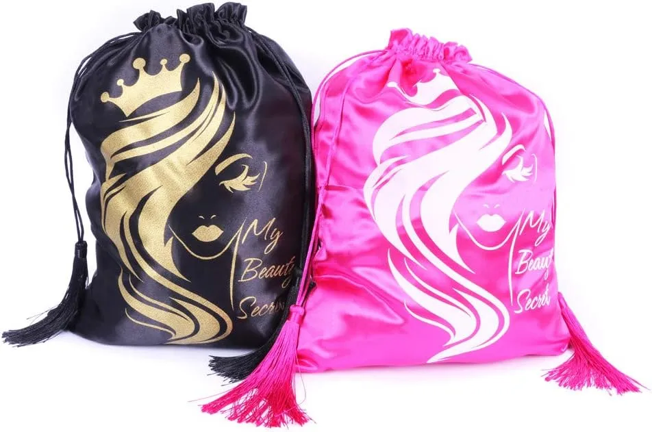SUPERNOVA 3 Pcs Satin Bags for Packaging Hair Extensions, Bundles, Wigs Soft Silk Pouches With Drawstring for Hair Tools Storage Bags with Tassel Gift and Travel Bag Hair(3 pieces, Black)