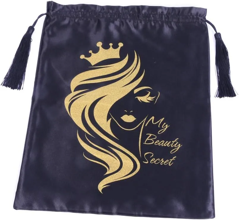 SUPERNOVA 3 Pcs Satin Bags for Packaging Hair Extensions, Bundles, Wigs Soft Silk Pouches With Drawstring for Hair Tools Storage Bags with Tassel Gift and Travel Bag Hair(3 pieces, Black)