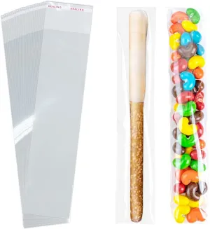 SUREHOME Pretzel Rod Bags 100 Pcs 2x8 Inch Pretzel Bags Adhesive Pretzels Individual Bags Clear Resealable Self Sealing Cellophane Bags for Chocolate Covered Pretzels Stick Bags Candy Treats Packaging