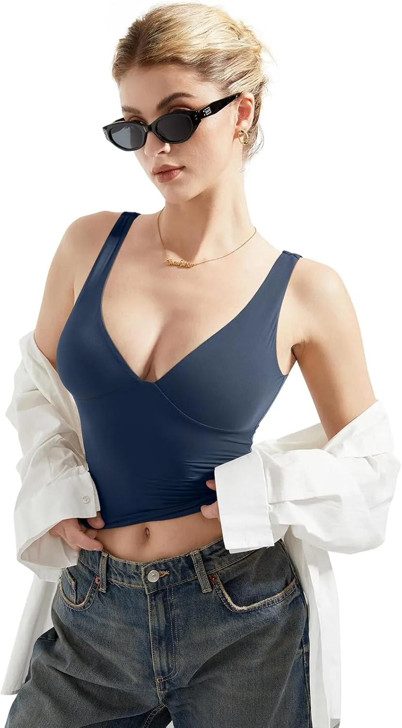 SUUKSESS Women Sexy V Neck V Back Tank Top Summer Sleeveless Going Out Double Lined Basic Tops