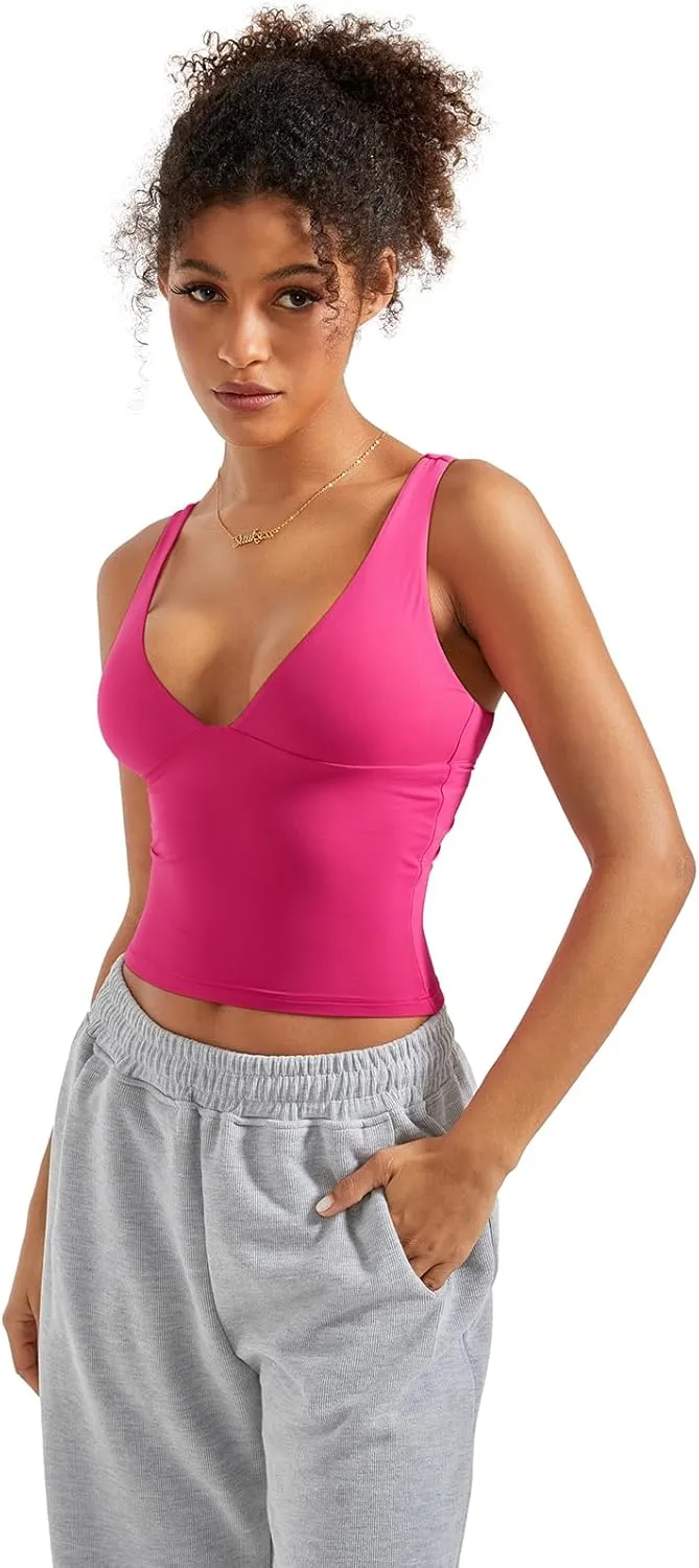 SUUKSESS Women Sexy V Neck V Back Tank Top Summer Sleeveless Going Out Double Lined Basic Tops