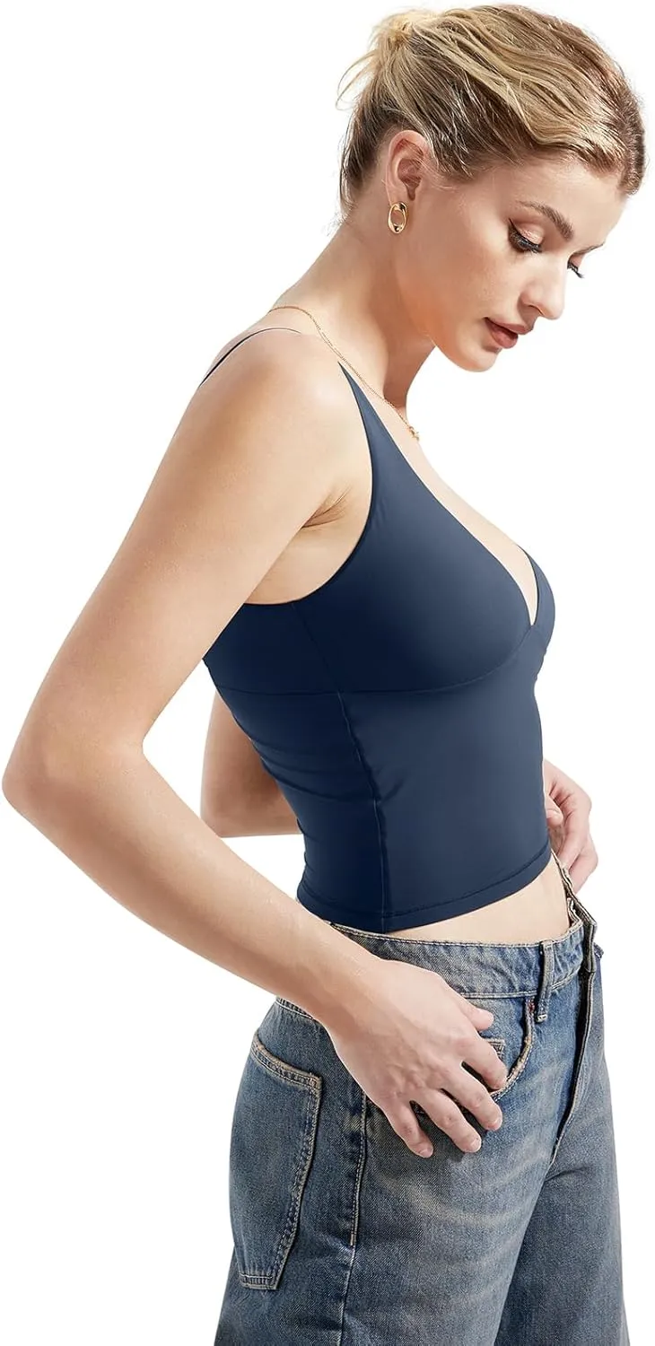 SUUKSESS Women Sexy V Neck V Back Tank Top Summer Sleeveless Going Out Double Lined Basic Tops