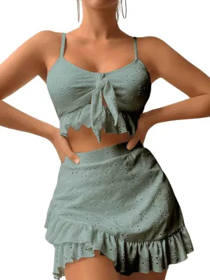 SweatyRocks Women's 3 Piece Bathing Suit Tie Front Ruffle Hem High Cut Bikini Tankini with Beach Skirt