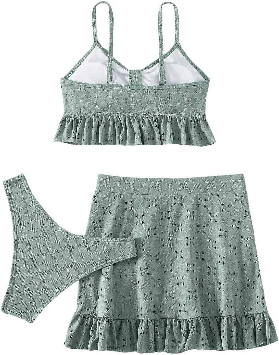 SweatyRocks Women's 3 Piece Bathing Suit Tie Front Ruffle Hem High Cut Bikini Tankini with Beach Skirt