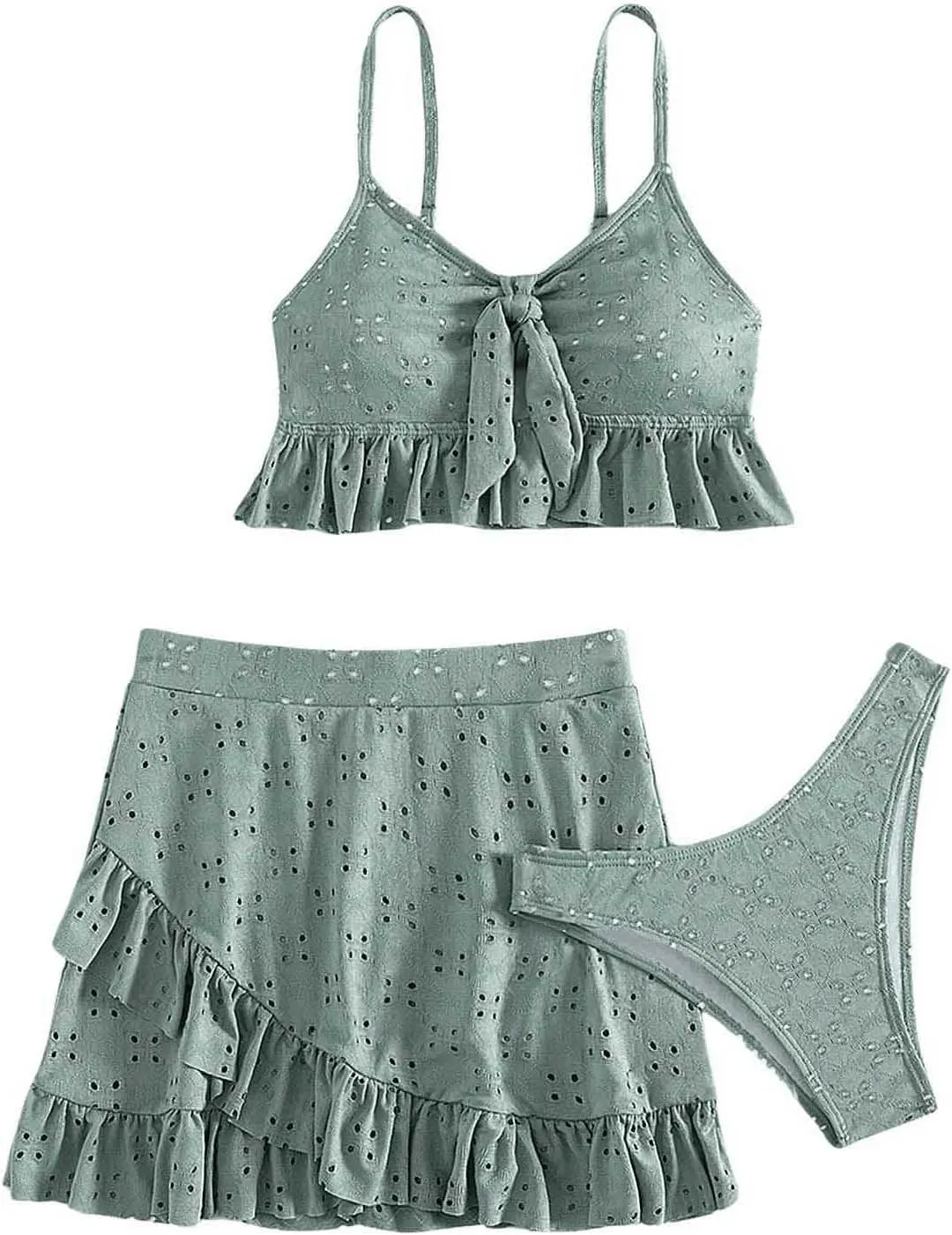 SweatyRocks Women's 3 Piece Bathing Suit Tie Front Ruffle Hem High Cut Bikini Tankini with Beach Skirt