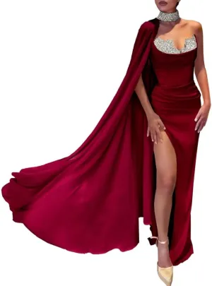 Sweetheart Sequin Beaded Mermaid Prom Dresses Strapless Satin Pleated Slit Prom Formal Evening Dresses with Chiffon Cape