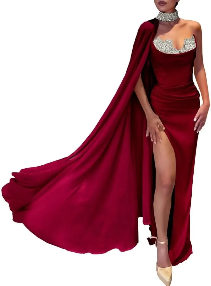 Sweetheart Sequin Beaded Mermaid Prom Dresses Strapless Satin Pleated Slit Prom Formal Evening Dresses with Chiffon Cape