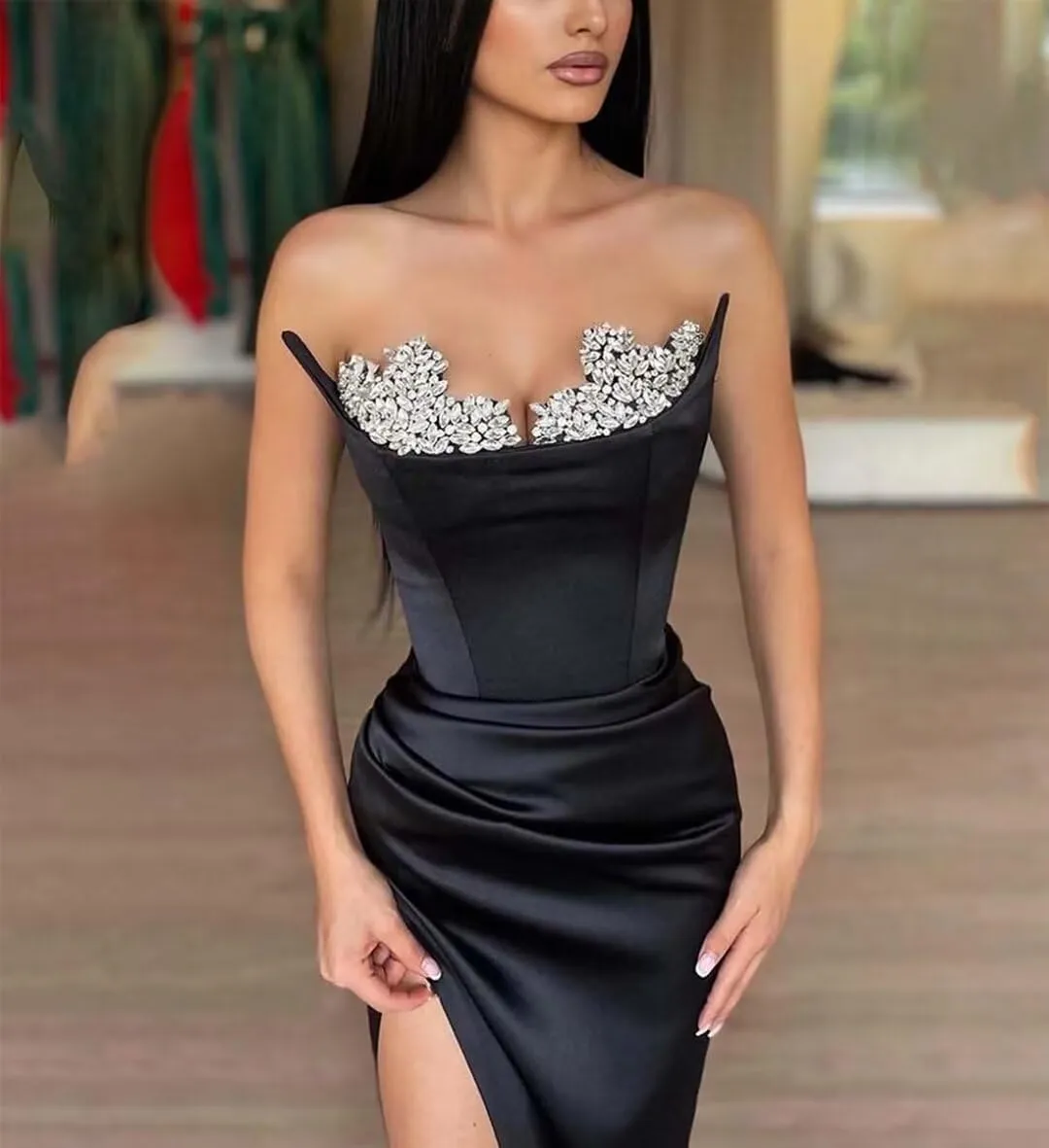 Sweetheart Sequin Beaded Mermaid Prom Dresses Strapless Satin Pleated Slit Prom Formal Evening Dresses with Chiffon Cape