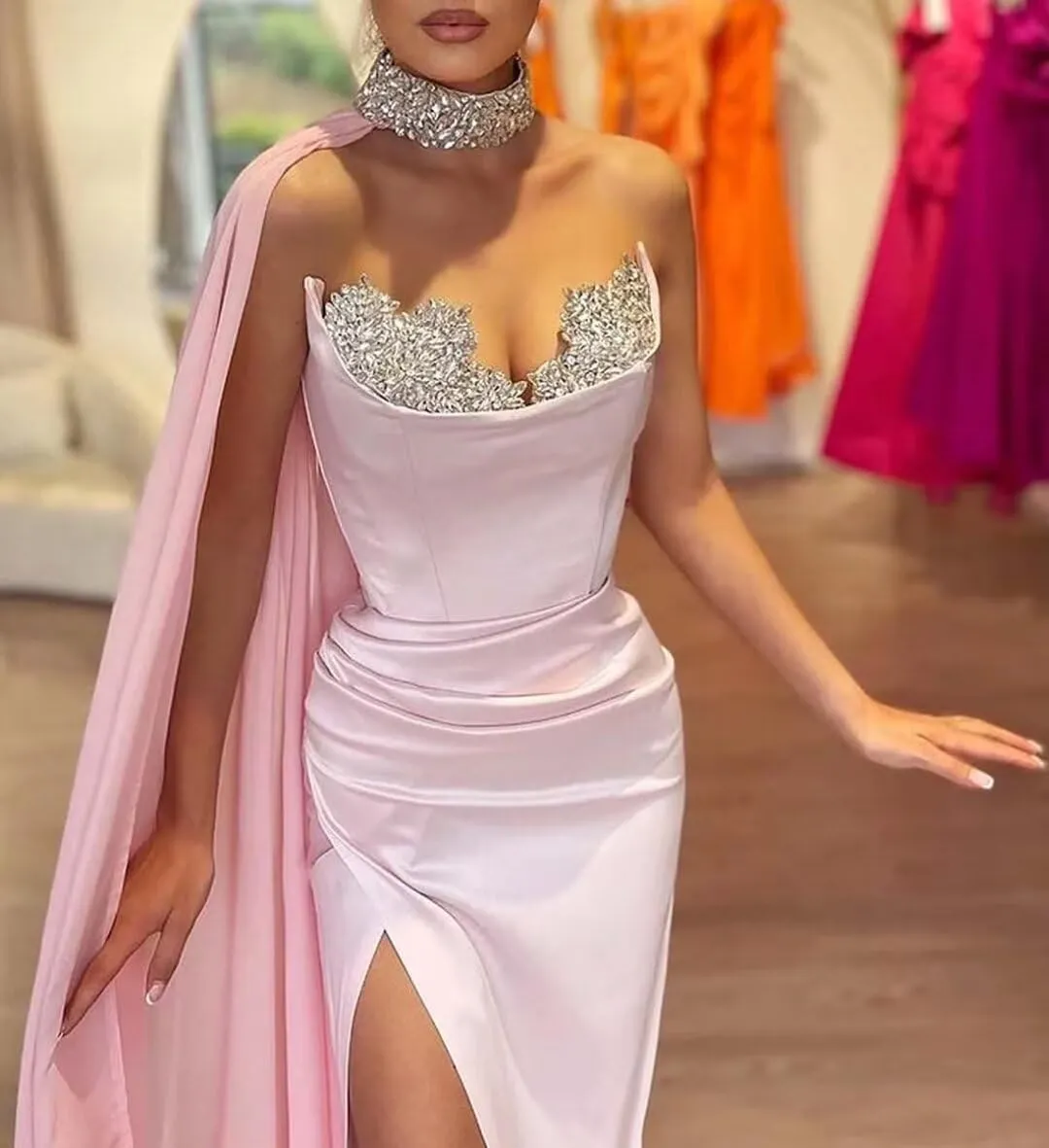 Sweetheart Sequin Beaded Mermaid Prom Dresses Strapless Satin Pleated Slit Prom Formal Evening Dresses with Chiffon Cape