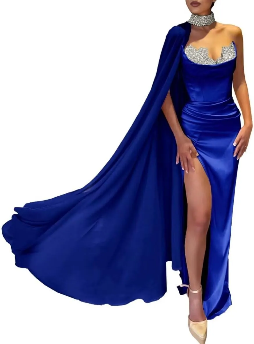 Sweetheart Sequin Beaded Mermaid Prom Dresses Strapless Satin Pleated Slit Prom Formal Evening Dresses with Chiffon Cape