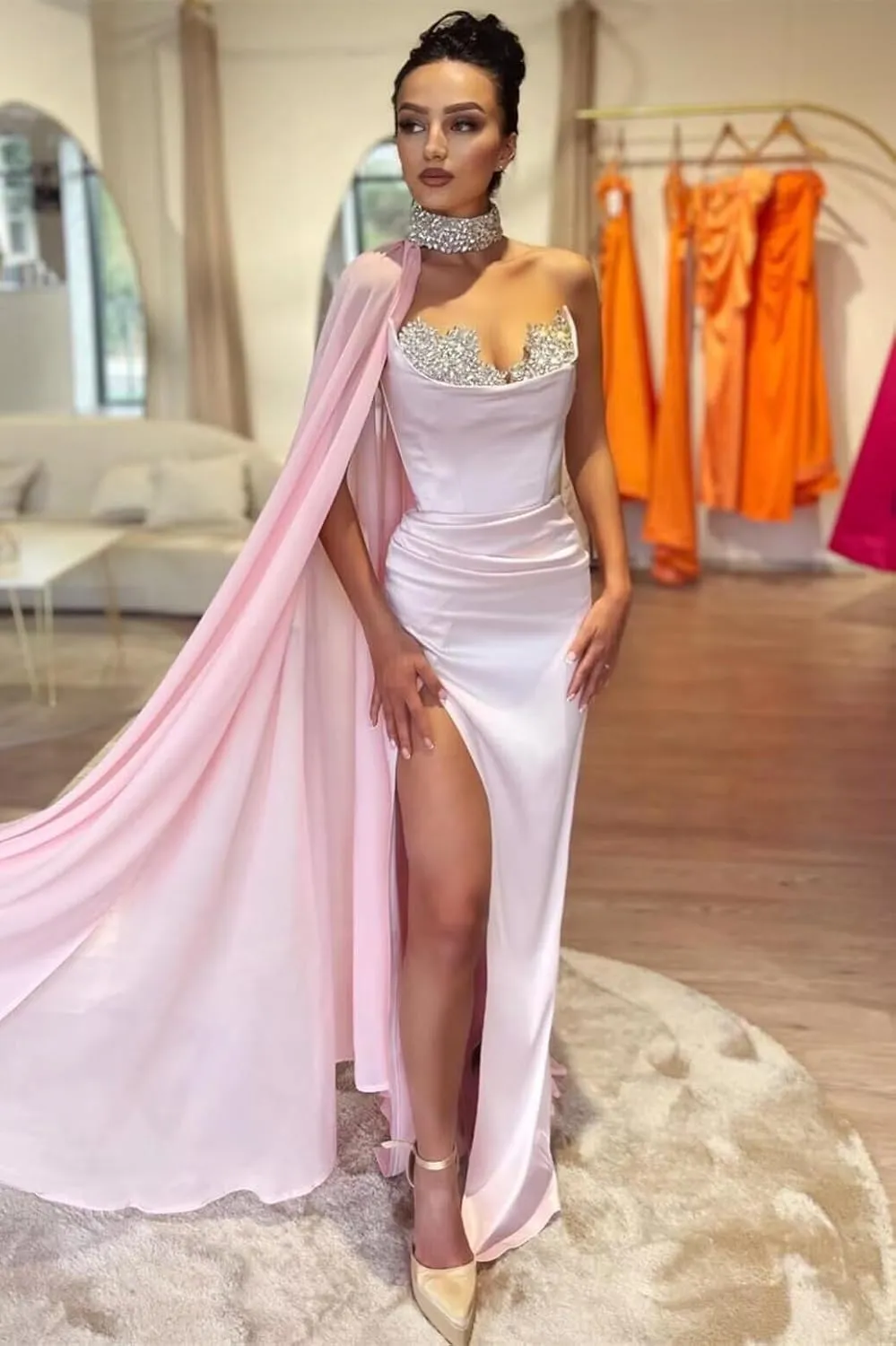 Sweetheart Sequin Beaded Mermaid Prom Dresses Strapless Satin Pleated Slit Prom Formal Evening Dresses with Chiffon Cape