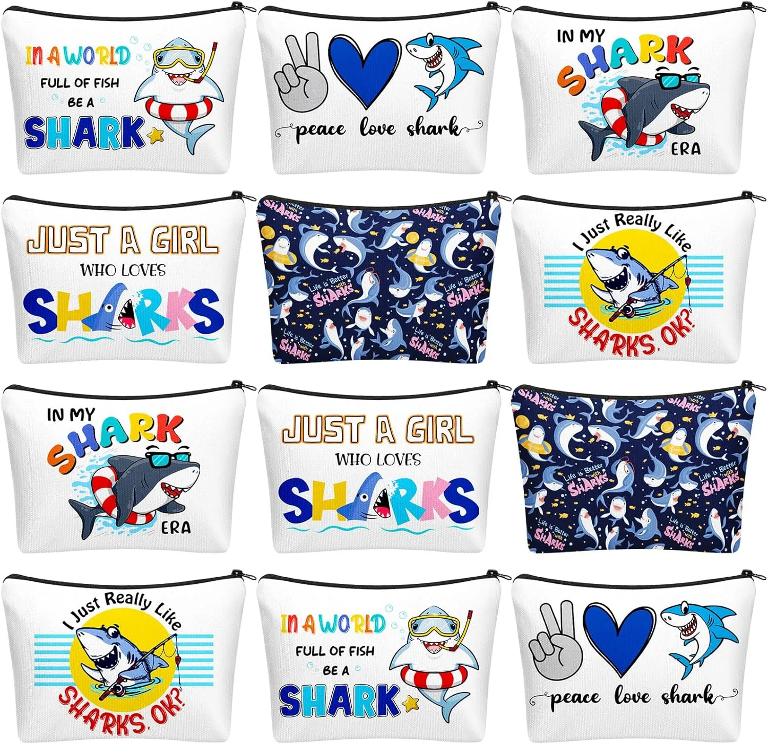Sweetude 12 Pcs Funny Shark Gifts for Women Makeup Bag Cute Sharks Themed Cosmetic Bags Portable Travel Toiletry Pouch with Zipper Gifts Accessories for Women Girls Ocean Lover