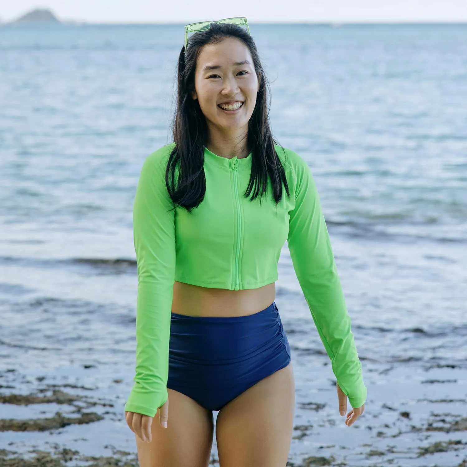 SwimZip Women's Long Sleeve Crop Top Rash Guard Swim Shirt - UPF 50  with Zipper