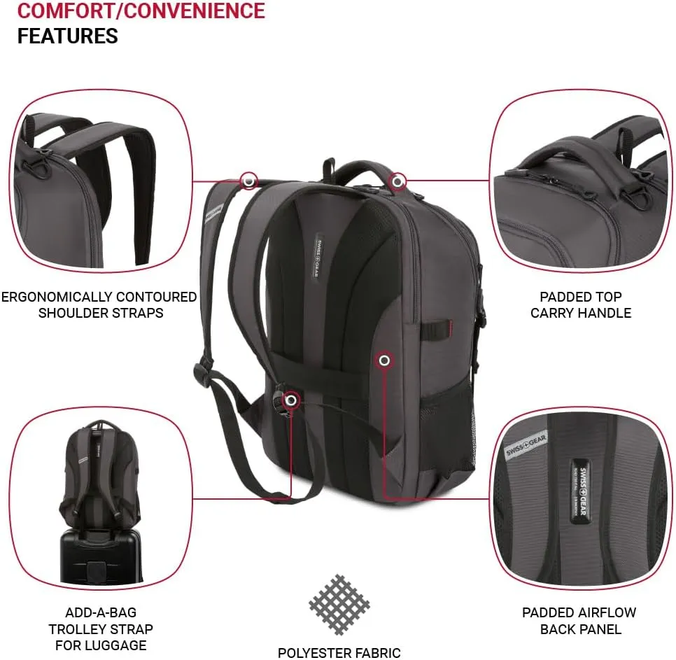 SwissGear Civic Pro Laptop Backpack, Grey, 18x13.25x7