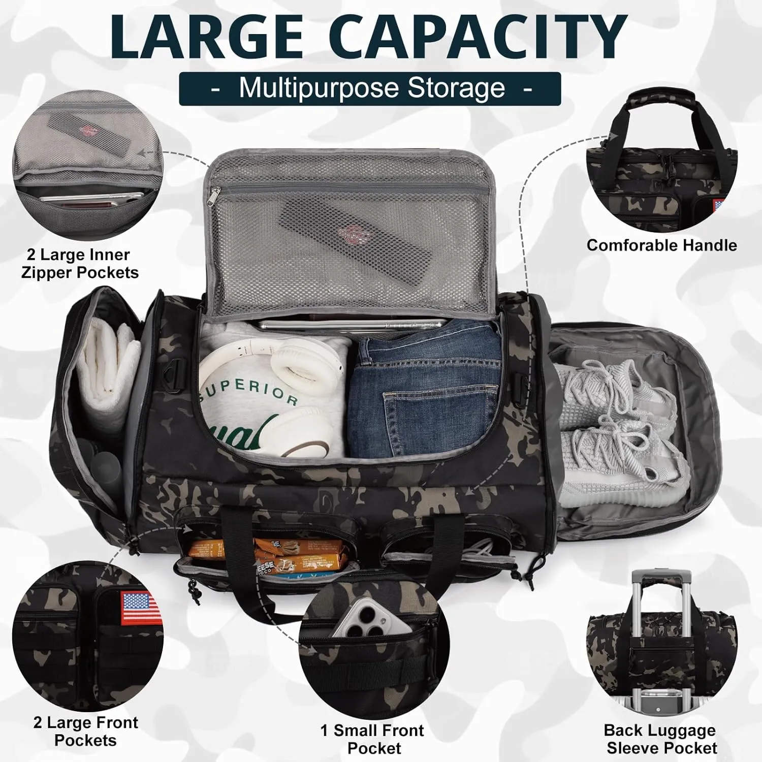 Tactical Gym Bag for Men50L Large 3 in 1 Sports Duffle Bag with Shoes Compartment for Travel,Water Resistant Travel Backpack Weekender Overnight Bag with Wet Pocket for Women