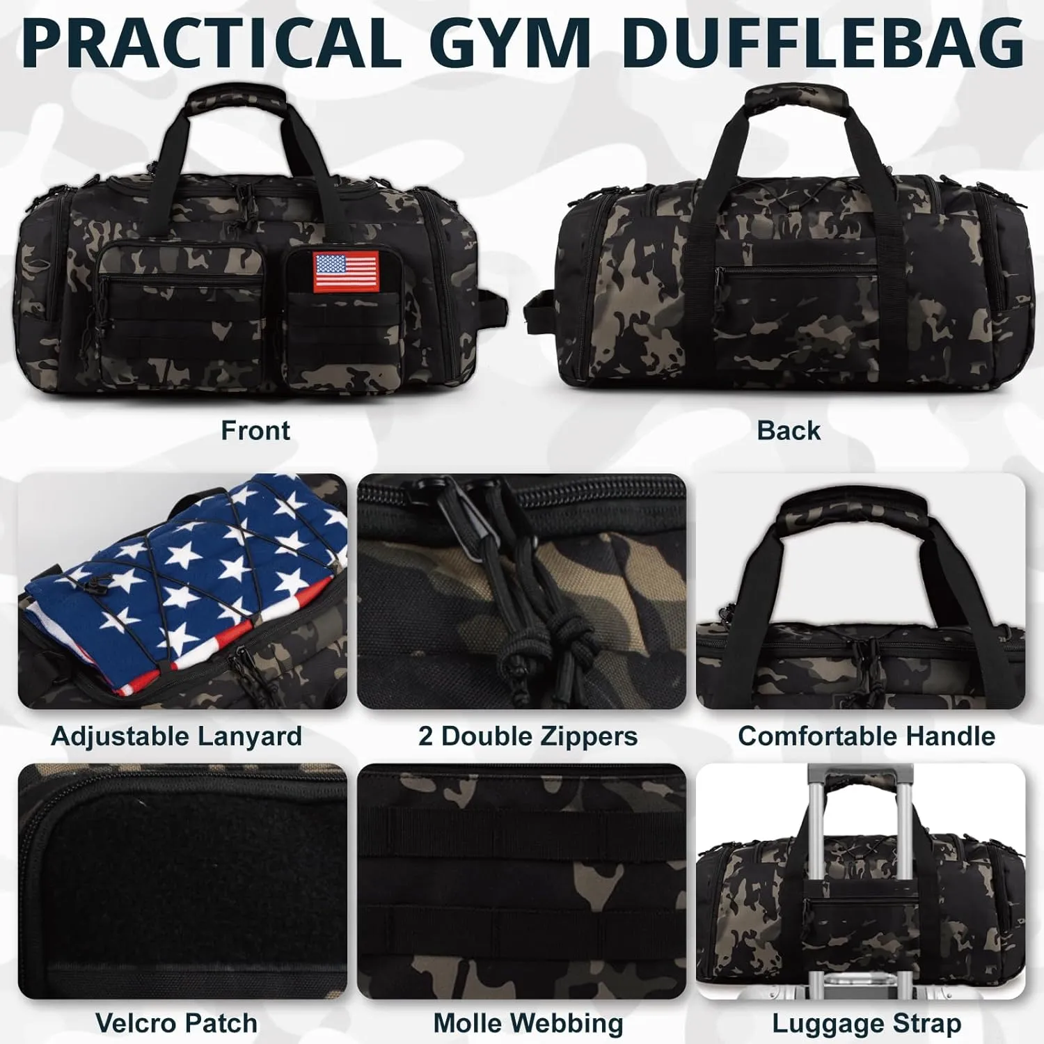 Tactical Gym Bag for Men50L Large 3 in 1 Sports Duffle Bag with Shoes Compartment for Travel,Water Resistant Travel Backpack Weekender Overnight Bag with Wet Pocket for Women