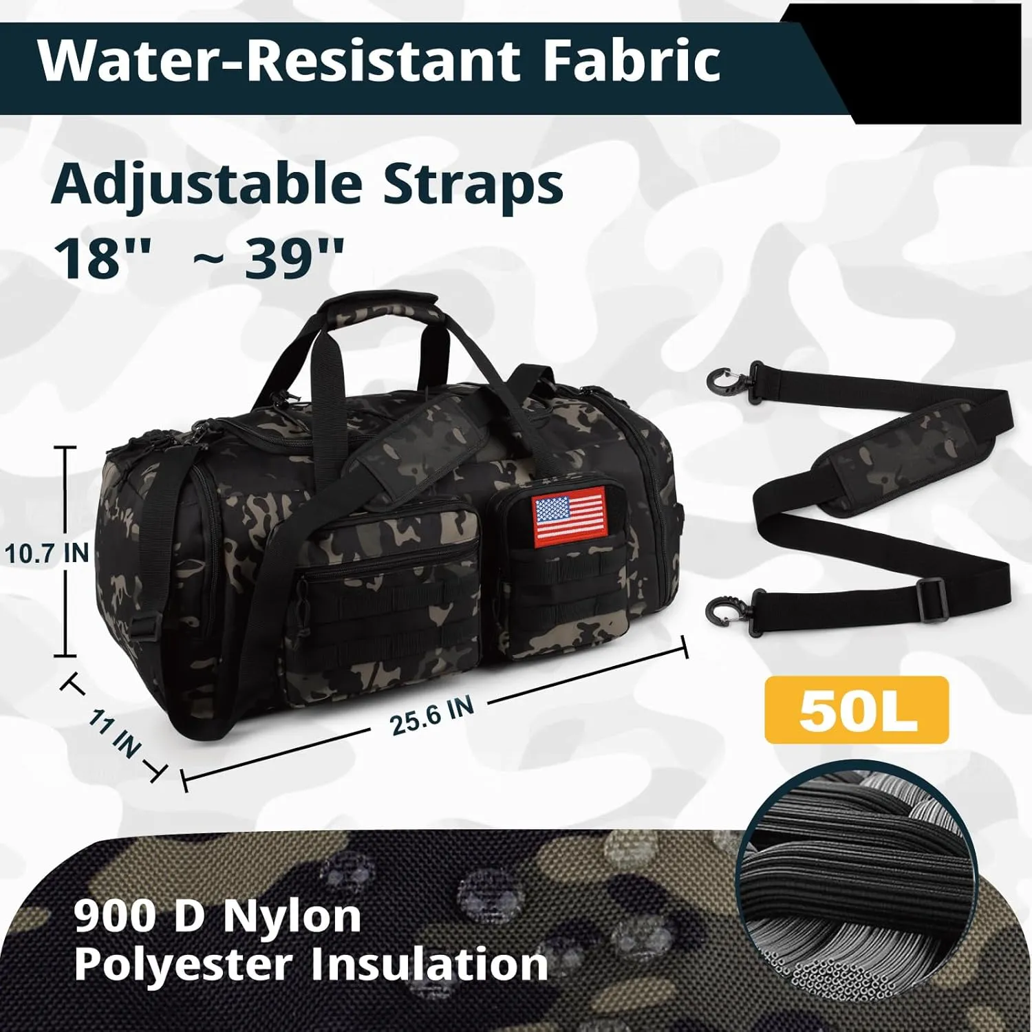 Tactical Gym Bag for Men50L Large 3 in 1 Sports Duffle Bag with Shoes Compartment for Travel,Water Resistant Travel Backpack Weekender Overnight Bag with Wet Pocket for Women