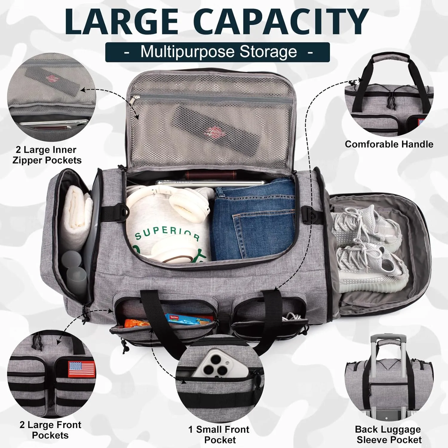 Tactical Gym Bag for Men50L Large 3 in 1 Sports Duffle Bag with Shoes Compartment for Travel,Water Resistant Travel Backpack Weekender Overnight Bag with Wet Pocket for Women