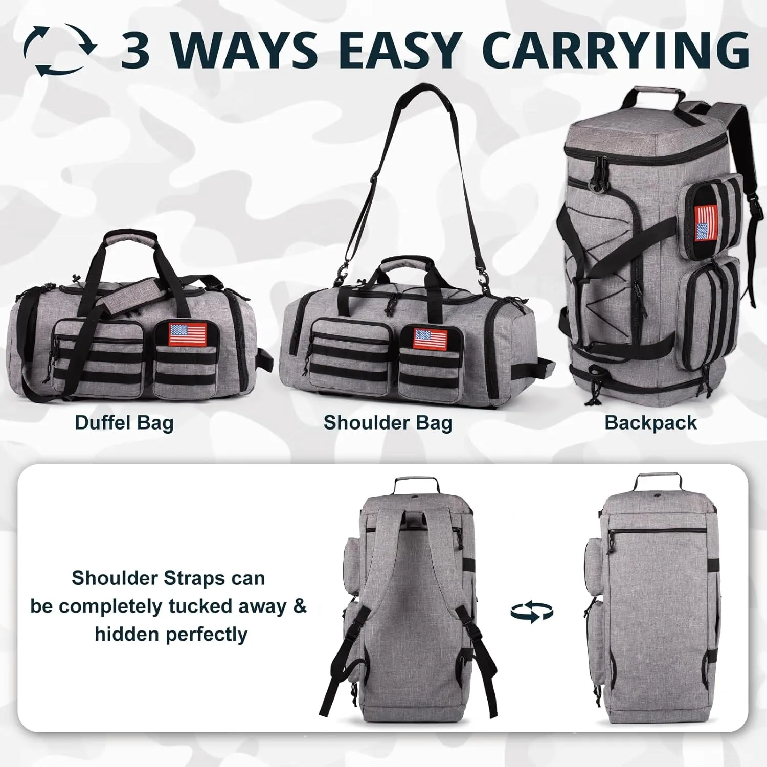 Tactical Gym Bag for Men50L Large 3 in 1 Sports Duffle Bag with Shoes Compartment for Travel,Water Resistant Travel Backpack Weekender Overnight Bag with Wet Pocket for Women