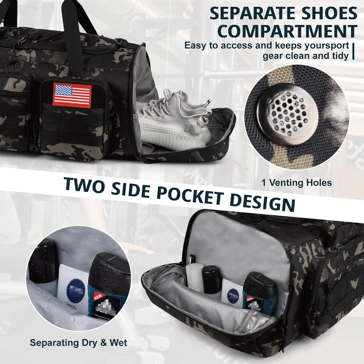 Tactical Gym Bag for Men50L Large 3 in 1 Sports Duffle Bag with Shoes Compartment for Travel,Water Resistant Travel Backpack Weekender Overnight Bag with Wet Pocket for Women