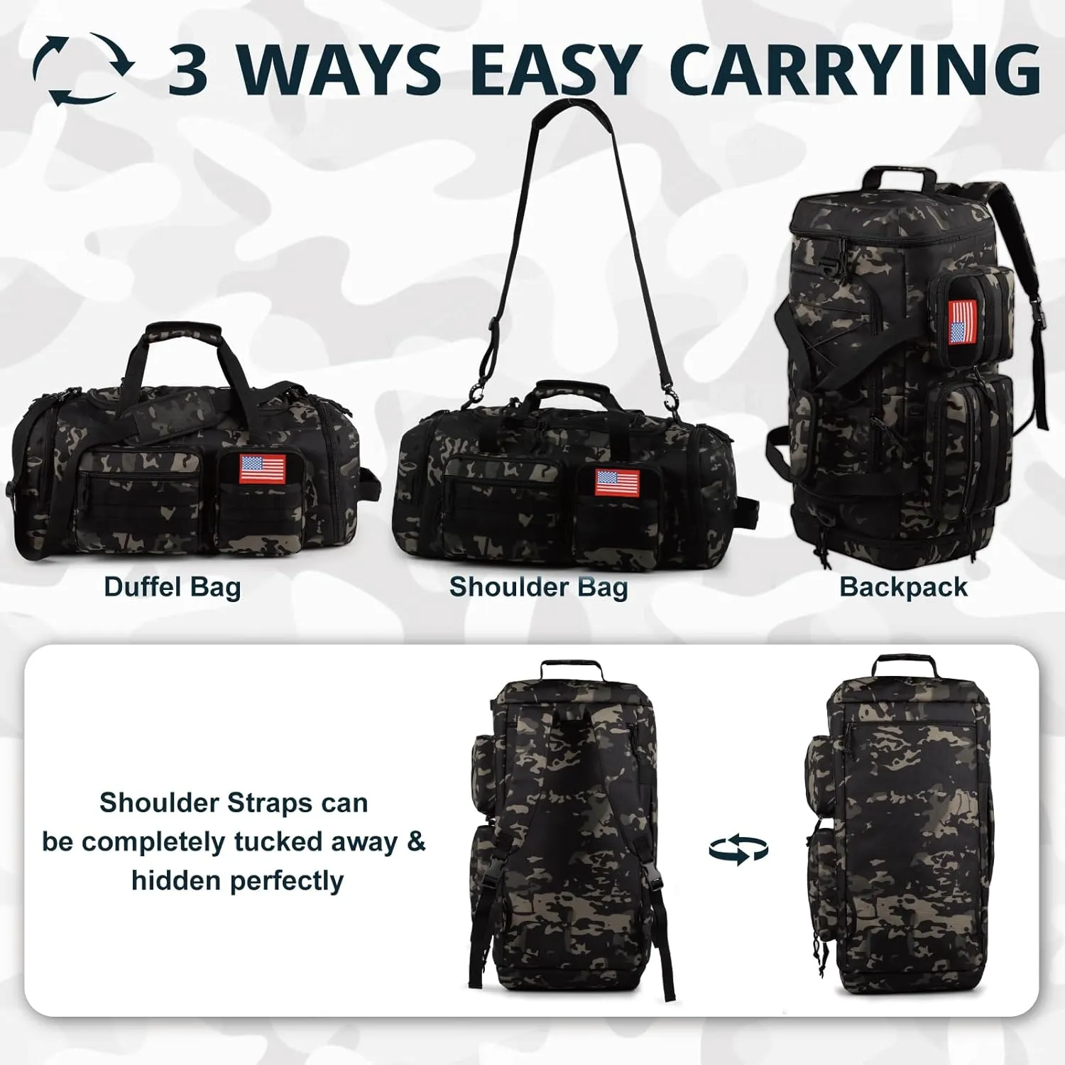 Tactical Gym Bag for Men50L Large 3 in 1 Sports Duffle Bag with Shoes Compartment for Travel,Water Resistant Travel Backpack Weekender Overnight Bag with Wet Pocket for Women