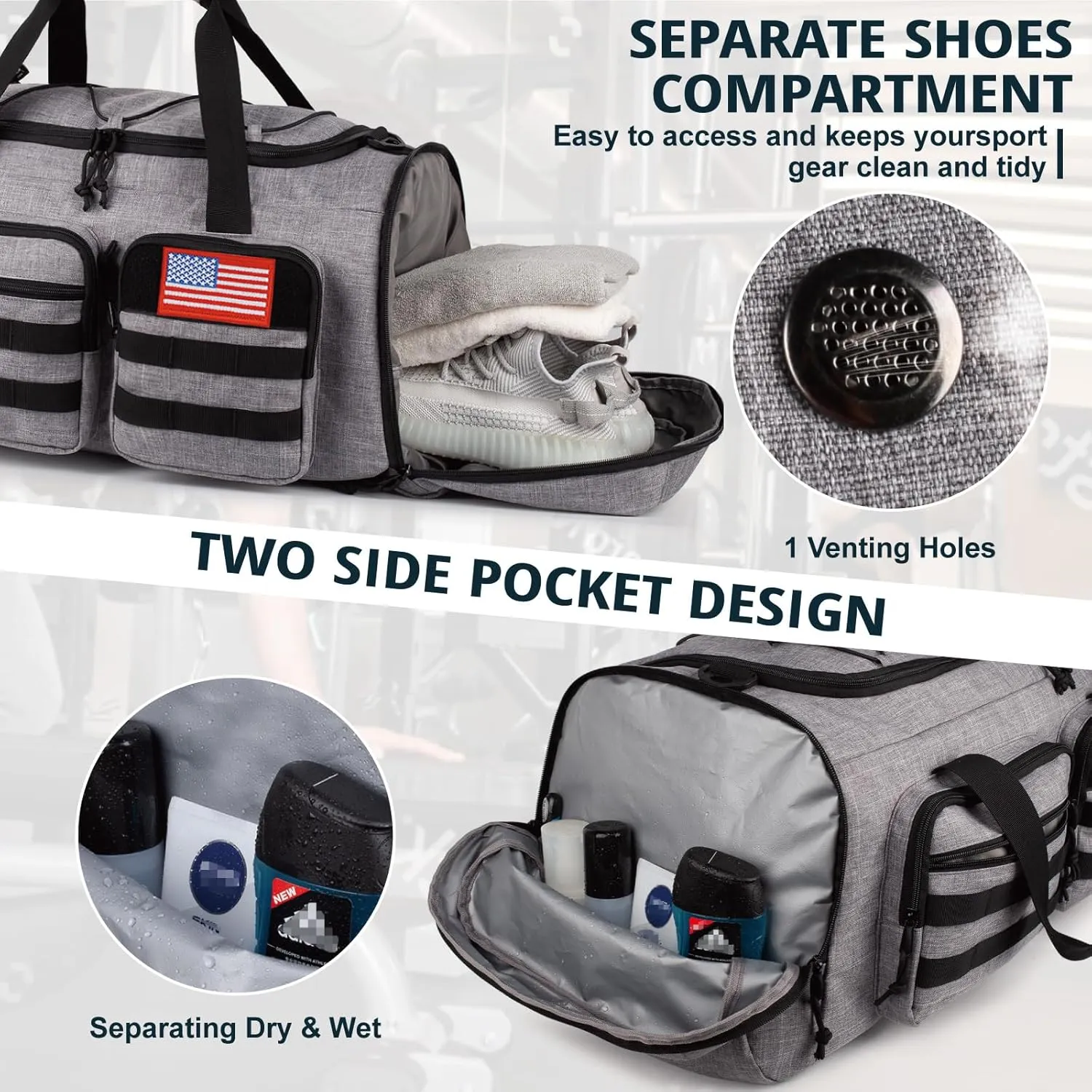 Tactical Gym Bag for Men50L Large 3 in 1 Sports Duffle Bag with Shoes Compartment for Travel,Water Resistant Travel Backpack Weekender Overnight Bag with Wet Pocket for Women
