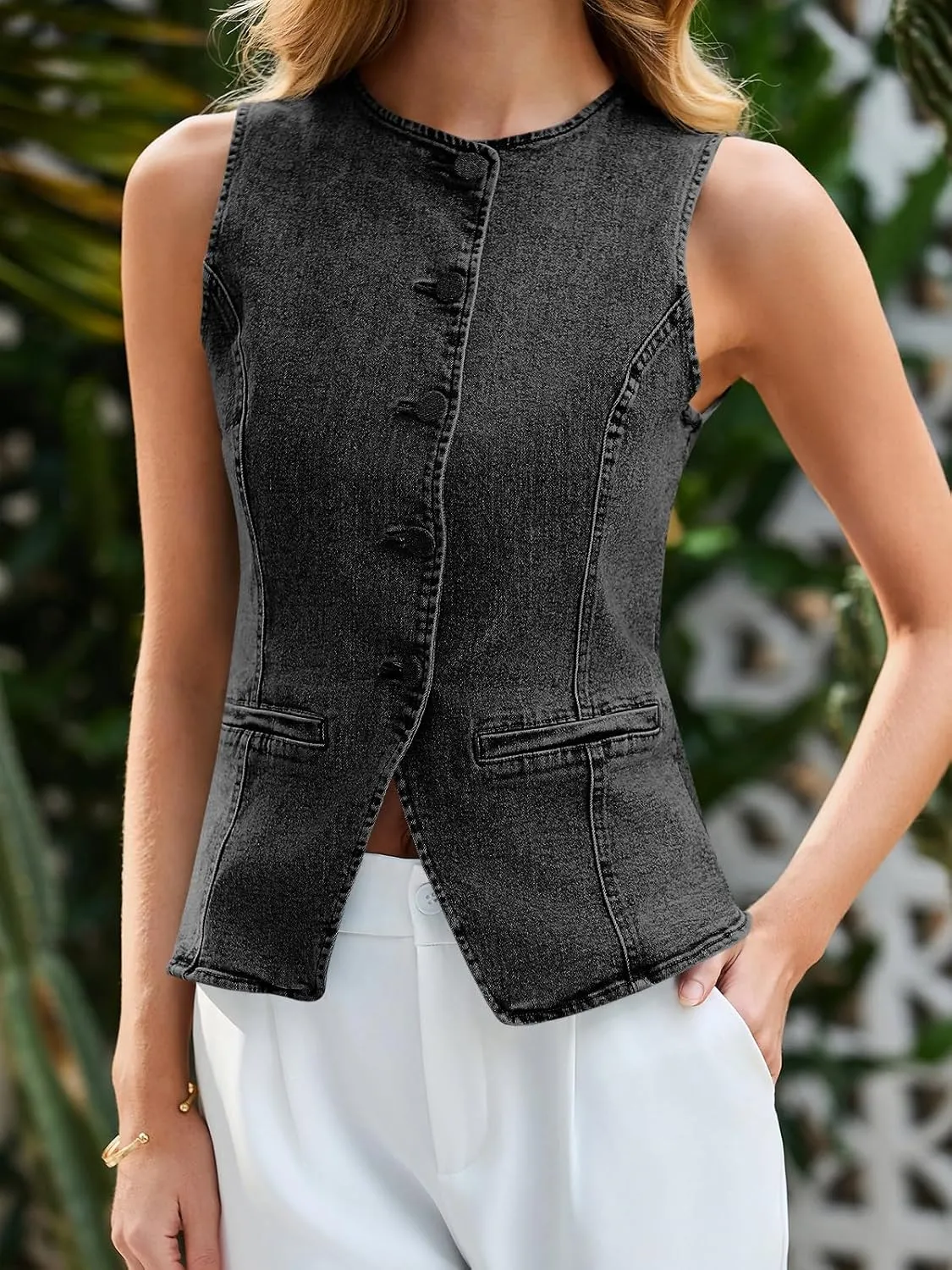 Tankaneo Womens Button Down Denim Vest Tops Sleeveless Fitted Jean Tank Tops Summer Trendy Casual Waistcoat