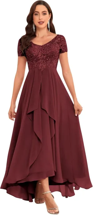 Tea Length Lace Applique Mother of The Bride Dresses for Wedding Pleated Formal Evening Gowns with Sleeves