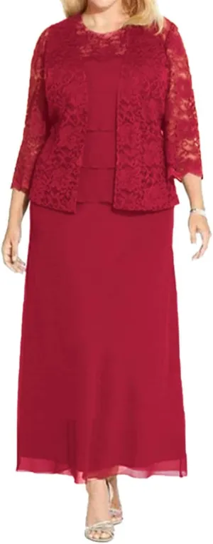 Tea Length Mother of The Bride Dresses Chiffon Evening Formal Dress Lace Jacket Plus Size Tiered