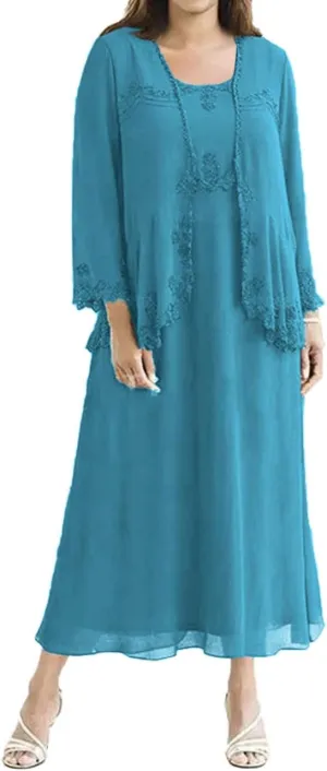 Tea Length Mother of The Bride Dresses Chiffon Evening Formal Dress Lace Wedding Guest Groom Dress Plus Size Jacket