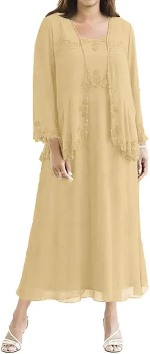 Tea Length Mother of The Bride Dresses Chiffon Evening Formal Dress Lace Wedding Guest Groom Dress Plus Size Jacket