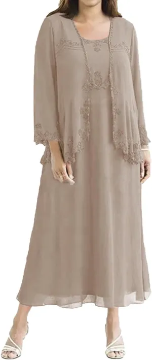 Tea Length Mother of The Bride Dresses Chiffon Evening Formal Dress Lace Wedding Guest Groom Dress Plus Size Jacket