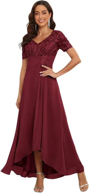 Tea Length Mother of The Bride Dresses Chiffon Lace V Neck Formal Evening Party Gowns