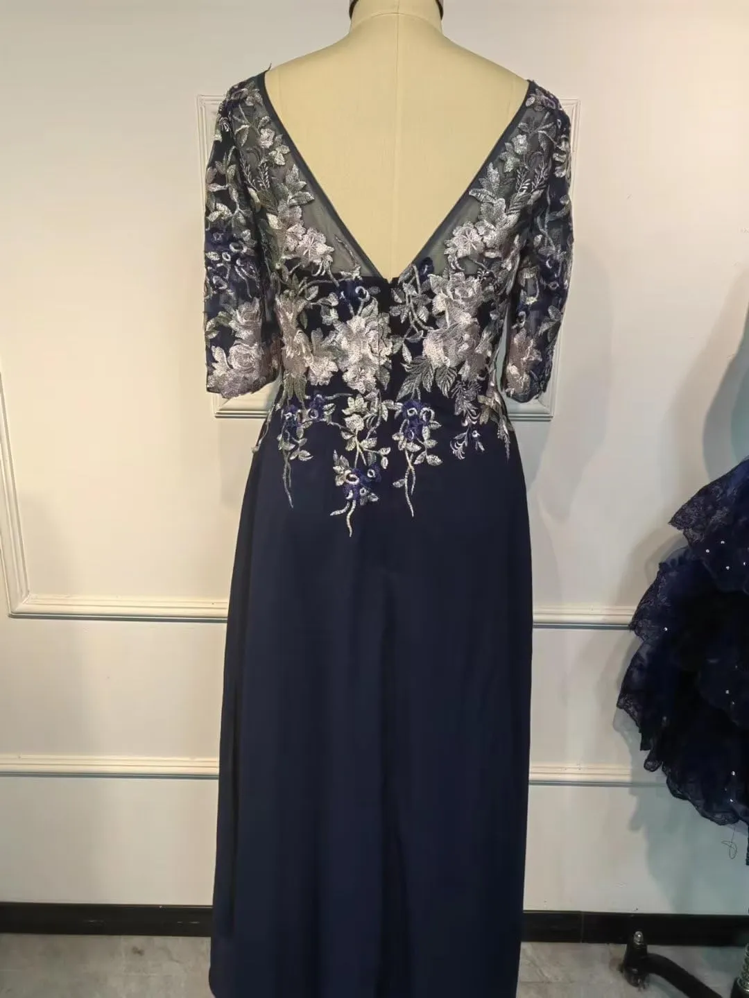 Tea Length Mother of The Bride Dresses Embroidery Chiffon Appliques Half Sleeves Formal Evening Dress A Line