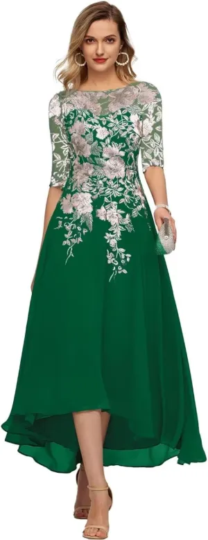 Tea Length Mother of The Bride Dresses Embroidery Chiffon Appliques Half Sleeves Formal Evening Dress A Line