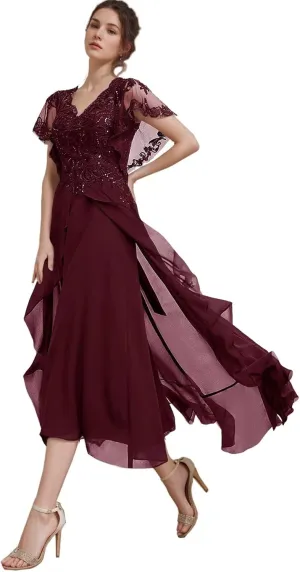 Tea Length Mother of The Bride Dresses for Wedding Chiffon Ruffle Lace Appliques Hi-Lo Formal Evening Gowns with Sleeves