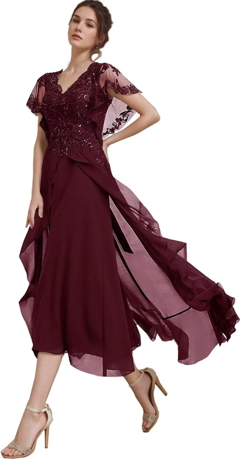 Tea Length Mother of The Bride Dresses for Wedding Chiffon Ruffle Lace Appliques Hi-Lo Formal Evening Gowns with Sleeves